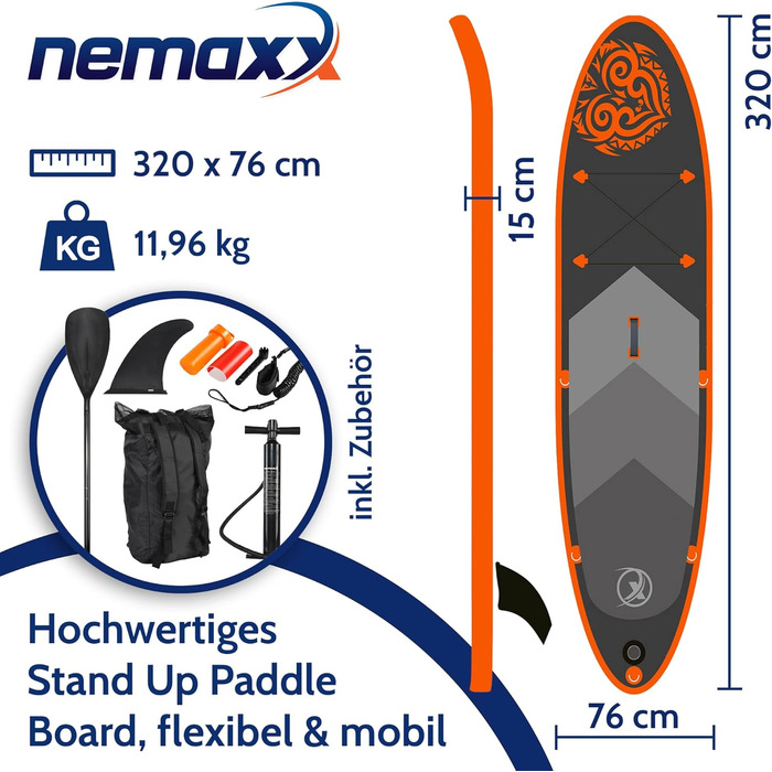 Надувний SUP Board NEMAXX® PB320 II – 320x78x15 см, до 140 кг, комплект з сумкою, веслом, плавником та насосом