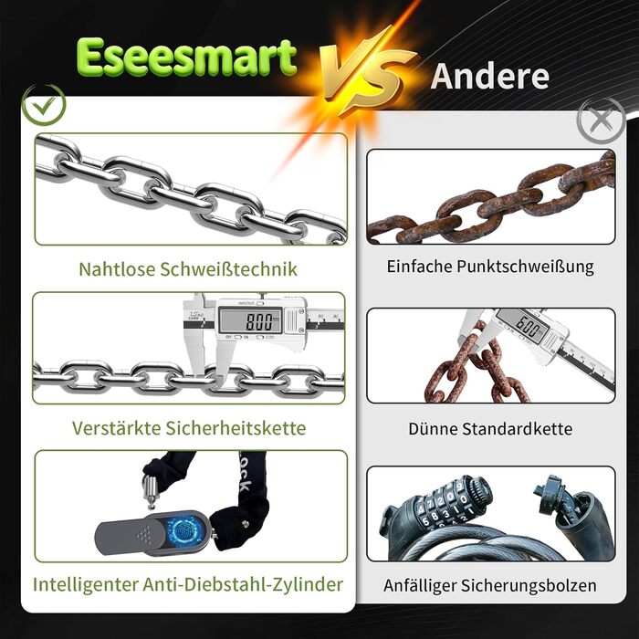 Замок для велосипеда Eseesmart з відбитки пальця та ключами, ланцюговий протикрадіжний замок (8мм x 1000мм), водонепроникний для електросамокатів, e-bike та мотоциклів