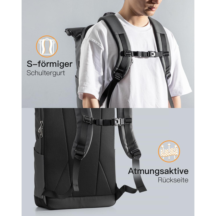 Рюкзак Inateck RollTop 25-30 л для чоловіків і жінок, велосипедний, шкільний, міський, для університету, роботи, спорту та подорожей, з відділенням для ноутбука 17