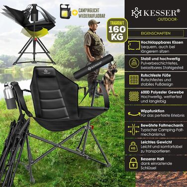 Крісло для кемпінгу KESSER® розкладне, гойдалка, до 160 кг | Рибальське крісло, з підсвічуванням та тримачем для напоїв | З м'яким сидінням та високою спинкою | Розслаблююче крісло для пляжу, хакі (чорний / чорний)