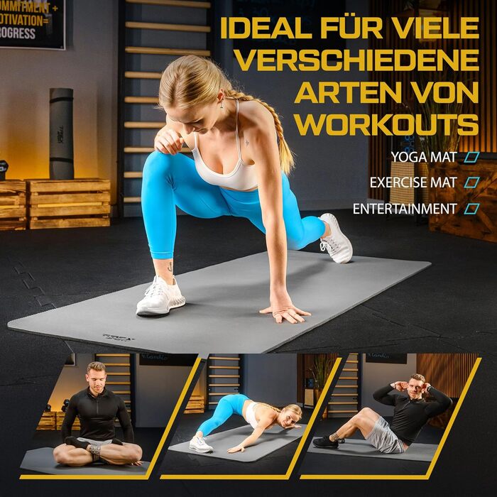 TREX SPORT Килимок для гімнастики та фітнесу | Товстий та м'який, 190x80x1 см, з ручкою для перенесення, неслизький, сірий | Килимок для йоги