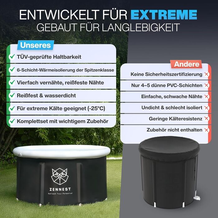 Ейстонне Зеннест - ванна для крижаних процедур 90см, XL, для дому та на відкритому повітрі. 6-шарова ізоляція, німецька інженерія, портативна ванна для дорослих. Електронна книга (Rund-light)