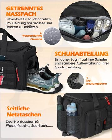 Спортивна сумка RAINSMORE 3 в 1 для чоловіків, 45 л: рюкзак, сумка-переноска, з відділенням для взуття, ноутбука та мокрого одягу, чорна