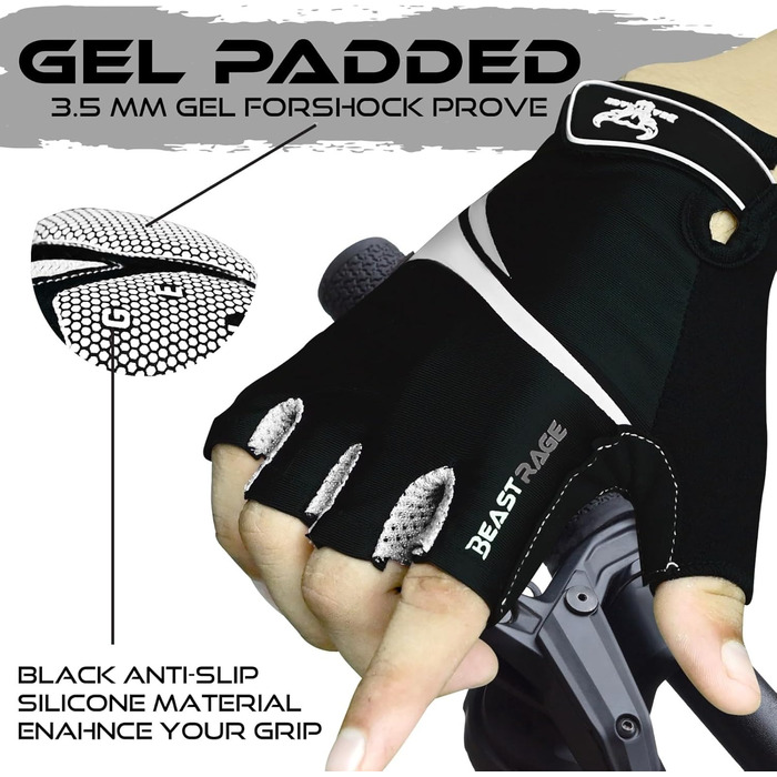 Велосипедні рукавички BEAST RAGE без пальців для жінок та чоловіків, дихаючі, з антиковзною долонею, амортизація, гелеві подушки, для шосе, MTB, маунтінбайкінгу, білі, розмір L