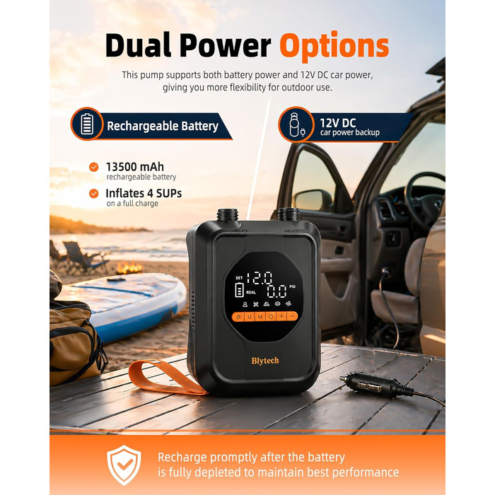 Насос електричний для SUP дошки 20 PSI з акумулятором 13500 mAh: портативний насос для SUP, каяка, човна, басейну та надувних виробів