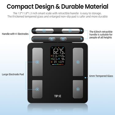 Розумні ваги TIPRE для аналізу складу тіла: 8 електродів, цифровий вимір ваги, жиру та BMI, Bluetooth-монітор здоров'я
