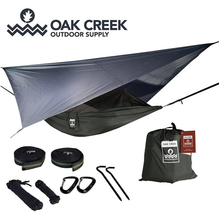 Гамак туристичний Oak Creek з москітною сіткою та тентом - комплект для кемпінгу, походів, подорожей (1.8 кг, зелено-сірий)