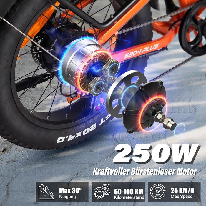 Електровелосипед VARUN S20-1 PLUS складаний 20 дюймів, 48V 13Ah, до 120 км, 7-швидкісний, LCD-дисплей, товсті антиковзкі шини, помаранчевий