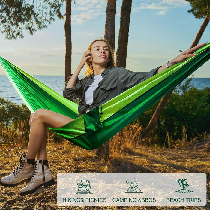 Гамак для кемпінгу Outdoor, легкий, портативний, з двома стропами для дерева, нейлон, 280*140 см (темно-зелений)