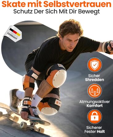 Захисний набір для роликів SKATEWIZ SHIELD (6 предметів) для дорослих та підлітків, неопренові фіксатори, розмір L, колір Sunrise Orange