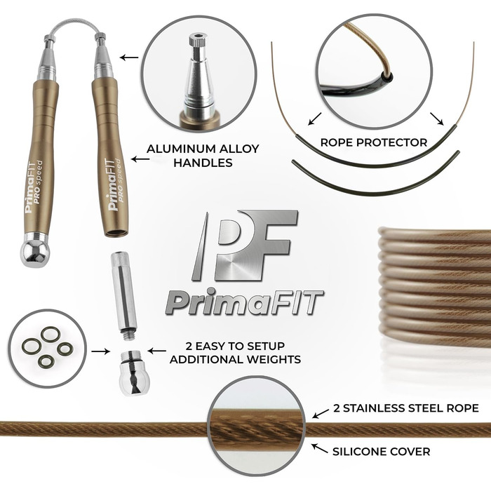 Скакалка PrimaFIT для дорослих: професійна, регульована, з вагою, 3м, 2 підшипники, антиковзні ручки, для боксу, MMA, кросфіту, сталевий трос, сумка (бронза)