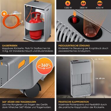 Газовий нагрівач KESSER 4200W з керамічним піроелементом, газовий нагрівач, інфрачервоний нагрівач, для балонів Butan/Propane до 15кг, сірий/темно-сірий