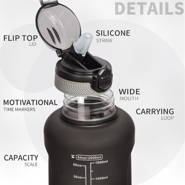 DEARRAY Тританова пляшка для води 2л з трубочкою та часовою розміткою, BPA-free, спортивна мотиваційна пляшка для фітнесу і тренажерного залу, чорна-біла