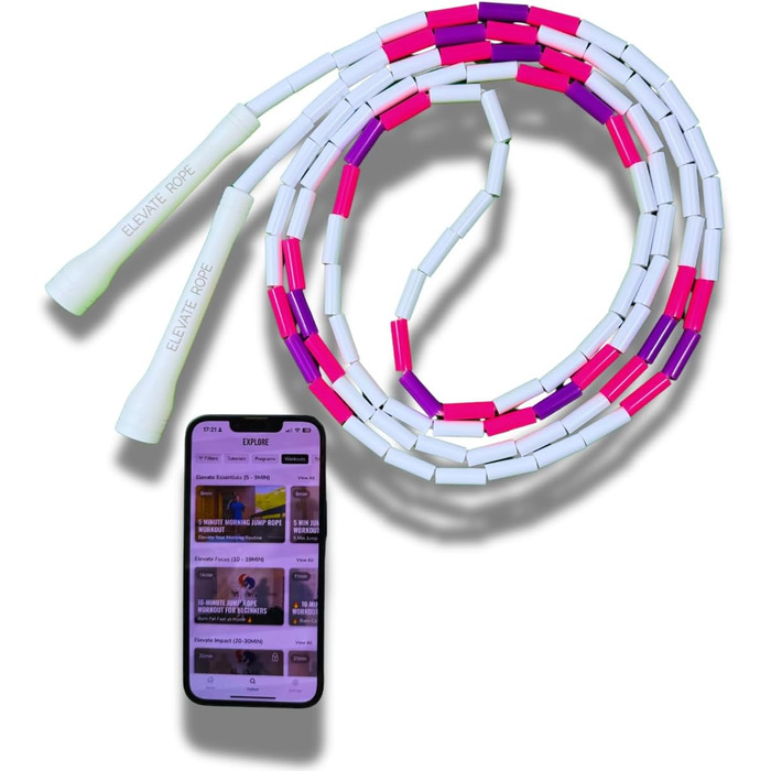 Стрибкове канат Elevate Rope Professionelles Perlen - 3м, регульований, якісні намистини та полішнур. Для фрістайлу, кардіо та трюків. Підходить для всіх рівнів, для використання в приміщенні та на вулиці. Білий/Рожевий/Фіолетовий