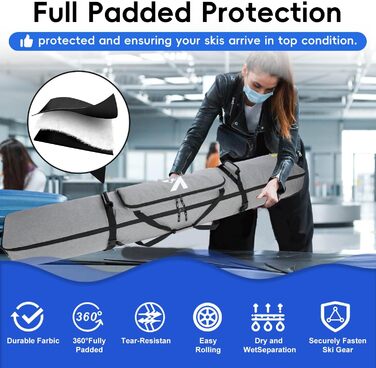 Скі-сумка на колесах для подорожей, м'яка подвійна скі-сумка для 2 пар лиж до 175 або 190 см, сіра (175 см)