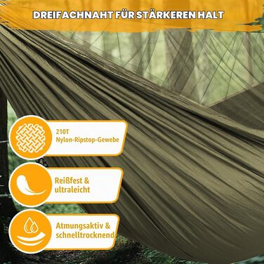 Кемпінговий гамак NatureFun з москітною сіткою, витримує до 300 кг (290 x 140 см), дихаючий нейлон, армійський зелений