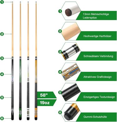 Більярдний кий Pool Queue 58 дюймів, тверде дерево, наконечник 13 мм, для професійних гравців, 1/2 кий, набір 4 шт.