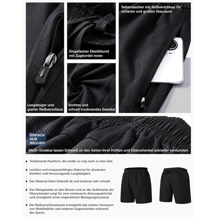 Шорти спортивні чоловічі HOPLYNN 2 шт. з кишенею на блискавці, швидковисихаючі, чорні