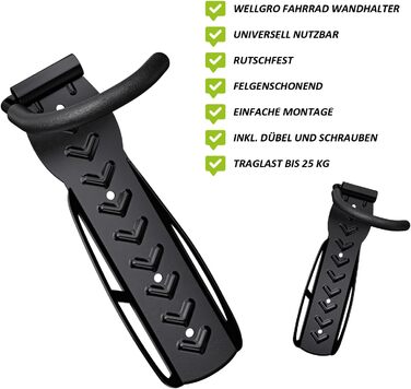 Кріплення для велосипеда на стіну WELLGRO - сталевий тримач, гачок, стійка для велосипеда - колір на вибір, чорний