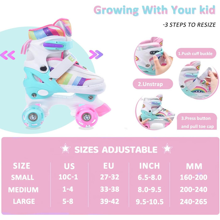 Роликові ковзани для дівчаток ERNAN, регульовані, LED, для підлітків та початківців. 4 розміри, рожевий колір