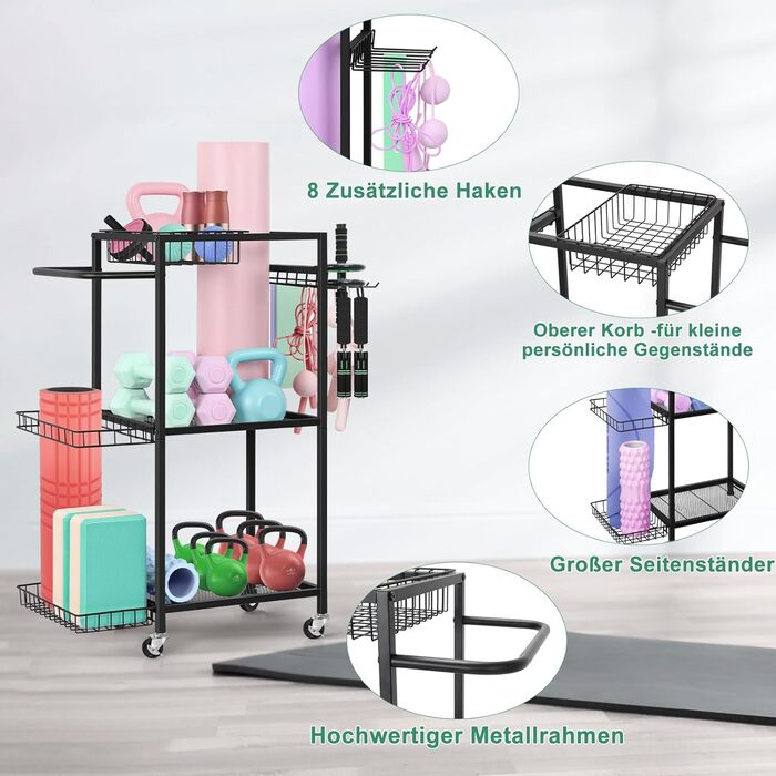 Стійка для зберігання спортивного обладнання Smusei: 3 яруси, металева, з роликами та 8 гачками. Підходить для йог-матів, гантелей, гир, кульок та іншого. Чорний колір.