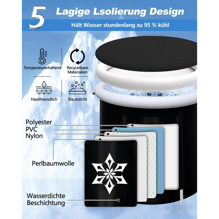 Кріованна для льодяних купань з системою охолодження XL (80 см), комплект з 8 сталевими стійками, термозахистом та сумкою для спорту