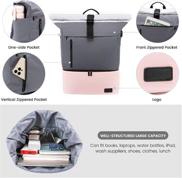 Жіночий водонепроникний рюкзак LOVEVOOK Rolltop з відділенням для взуття та ноутбука 17 дюймів, для подорожей, школи, спорту, сіро-рожевий