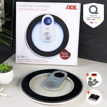 Цифрові ваги ADE з скла, синя LED-підсвітка, круглі, до 180 кг, високоточні