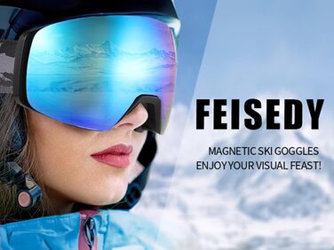 Лижна маска FEISEDY OTG з магнітною змінною лінзою, 100% UV-захист, антифог, для чоловіків і жінок, для окулярів, синя дзеркальна лінза, матовий чорний корпус, для сноуборду, катання на лижах та зимових видів спорту