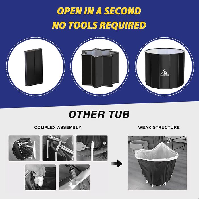 Портативна складана ванна для дорослих STARBRILLIANT (80x66 см) — крижана ванна для відновлення м'язів, SPA та загартовування, чорна, розмір L