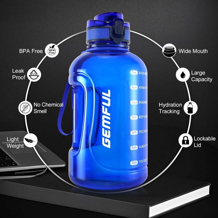 Фляга для води GEMFUL 2L з позначкою часу - BPA-free, без витоку, спортивна фляга 2L з ручкою для фітнесу, офісу та відпочинку на природі (Короїдний блакитний)