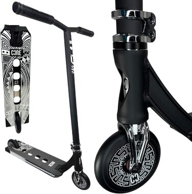 Скутер вілсажний CORE Trick Tretroller 110mm з колесами ABEC 9 для початківців та професіоналів, від 5 років, регульована висота 78-95 см + наліпка Fantic26 (Park CL1 H=86cm, чорний хром)