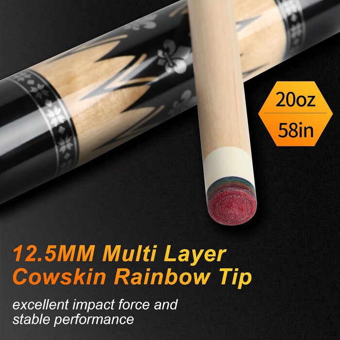 AKLOT Більярдний кий професійний з телескопічним подовженням, канадська береза, кейс, 147 см, 538-595 г (срібний, 567 г)