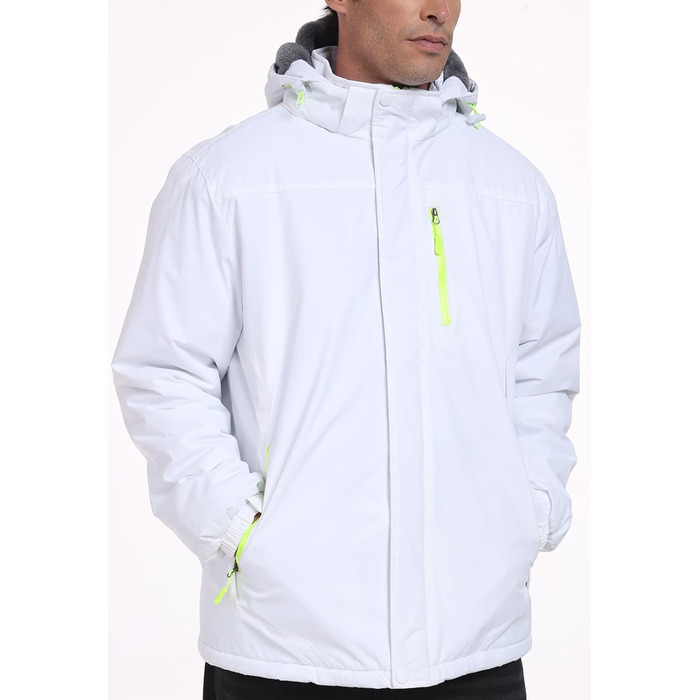 SPOSULEI Чоловіча зимова флісова куртка з підкладкою, тепла, для катання на лижах, на вулицю, вітронепроникна, водонепроникна, знімний капюшон, для походів (XL, білий)