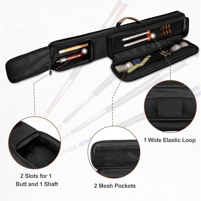 Чохол для більярдного кия: для 1 обідка та 1 кия, з ручкою та регульованим плечовим ременем, з кишенею для аксесуарів, чорний
