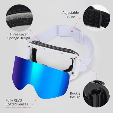 Скі-маска для дорослих, чоловіча/жіноча, YH227 для сноуборду, з антизапотіваючим покриттям, OTG, захист від УФ, антиковзаюча стрічка, повне REVO-дизайн, білий/срібний, VLT 13% (білий/Revo Blue-VLT 19%)