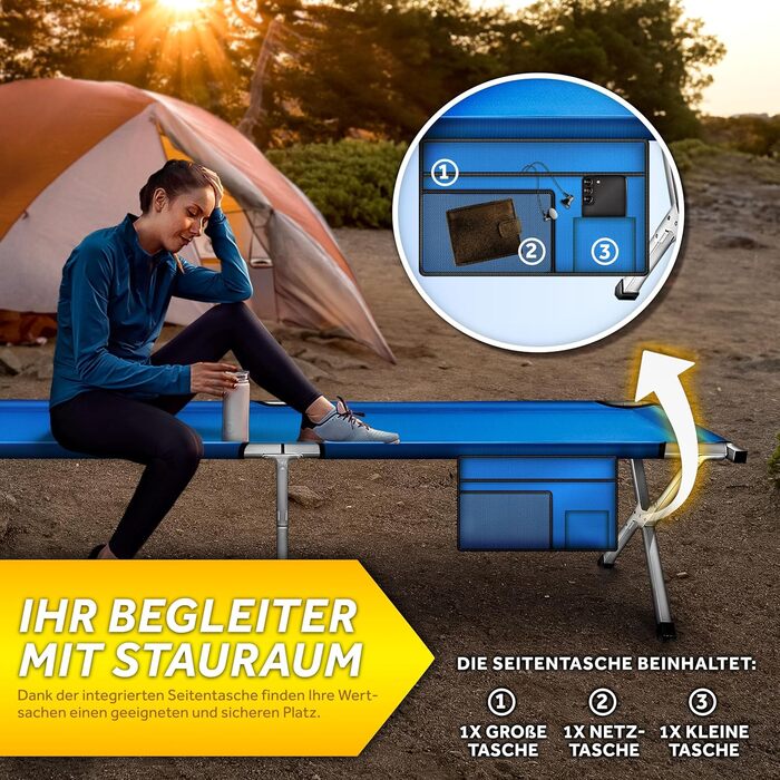 Намет-ліжко TRESKO XXL для кемпінгу, сталевий каркас, 150 кг, 210 x 90 x 42 см, блакитний