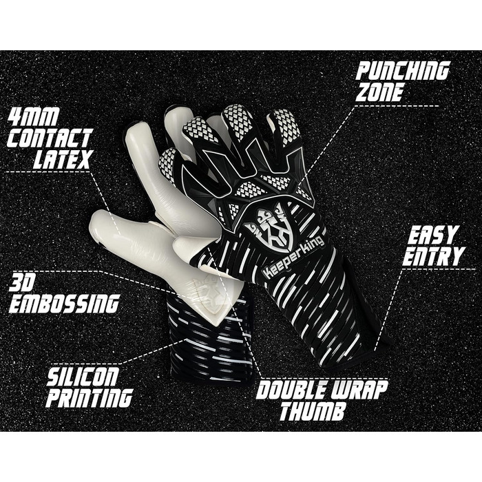 Воротарські рукавички Keeperking Profi Hybrid 4мм Next Grip, максимальне зчеплення, захист і комфорт, легке одягання, для чоловіків і юнаків, чорні-білі, розмір 11