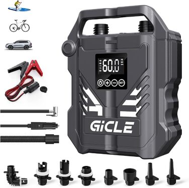 Електричний насос GICLE 60PSI для SUP, SUP-дошок, надувних човнів, велосипедів та наметів. Двоступеневий, швидка підкачка 12V