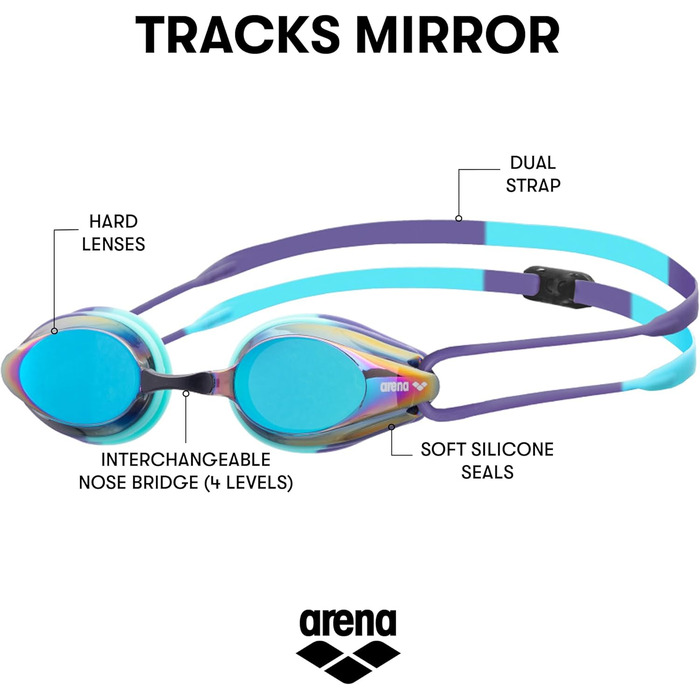 Окуляри для плавання Arena Tracks Uni Essential Racing, для дорослих, з сертифікацією FINA, антизапарник, дзеркальні/не дзеркальні лінзи -1.12, блакитний/темний блакитний