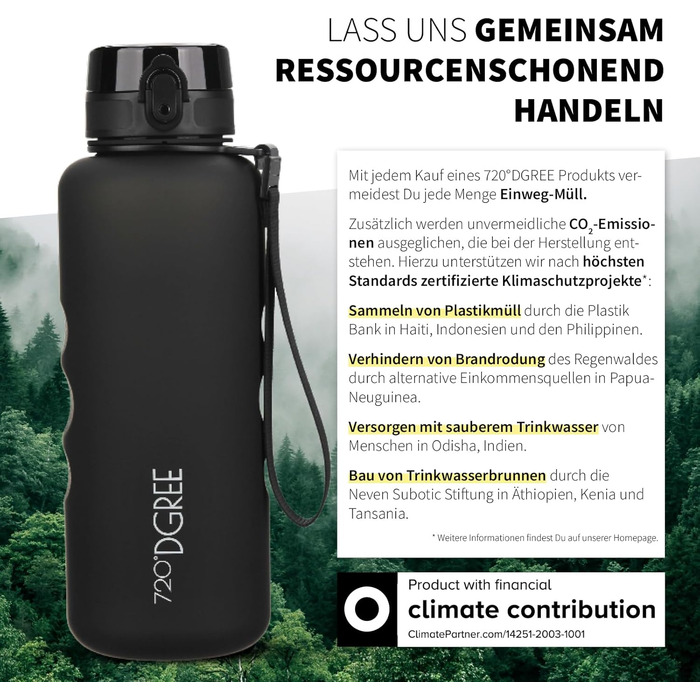 Спортивна пляшка для води 1,5 л 720°DGREE 'uberBottle' з петлею та мотиваційною шкалою, фільтром - не протікає, легка, без BPA - Tritan пляшка для університету, роботи, спорту, фітнесу, тренажерного залу 1500 мл Onyx Black - Чорний