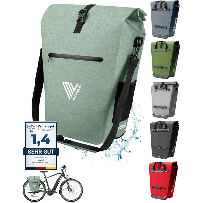Велосумка MIVELO 2в1 для багажника, водонепроникна, без ПВХ, з відділенням для ноутбука, 25 л, м'ятна