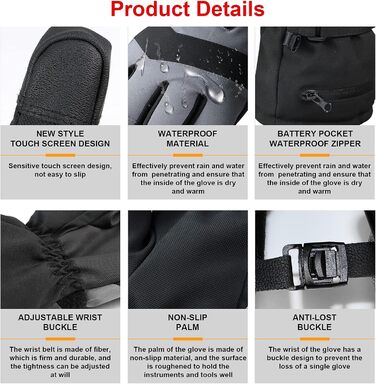 Гріючі рукавички 7.4V 3000mAh для жінок та чоловіків, водонепроникні, вітронепроникні, з підтримкою сенсорного екрану, для мотоциклів, катання на снігоходах, туризму та кемпінгу, чорні, XL