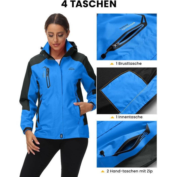 Жіноча трекінгова куртка Outdoor, вітронепроникна та водонепроникна куртка-дощовик, дихаюча функціональна куртка з відстібаною капюшоном (Блакитна, M)