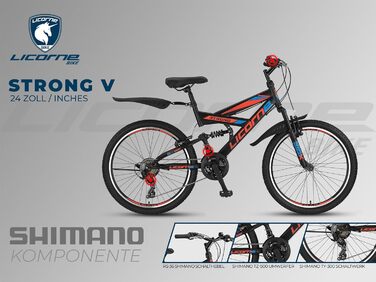 Гірський велосипед Licorne Bike PREMIUM Strong V 24 дюйми, 21 швидкість, повна амортизація, чорний/синій/помаранчевий, для хлопців, дівчат, жінок і чоловіків