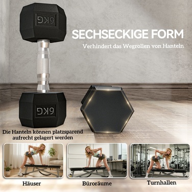Набір гантелей Hexagon, 2 шт. з рифленим руків'ям, набір коротких гантелей з чавуну, 2 x 6 кг, гантелі для чоловіків та жінок, для дому, спортзалу, силових тренувань