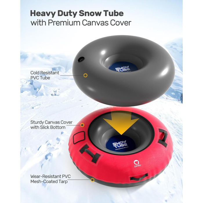 Шнек для катання снігом QPAU з канвасом для дітей та дорослих, 48'' Heavy Duty, посилена підошва, зимова розвага на свіжому повітрі, чорний & червоний