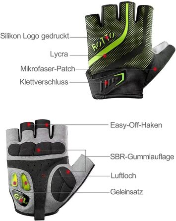 Велосипедні рукавички ROTTO MTB для чоловіків та жінок з гелевою та SBR-подушкою, напівпальцеві, чорно-зелені, XXL