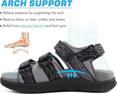 Чоловічі трекінгові сандалі KuaiLu: зручні, ортопедичні, для підтримки стопи при фасціїтісу, літні, легкі, відкриті, з регулюванням на липучці (44 EU, чорно-сірий)