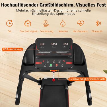 Біговий тренажер для дому, складаний, швидкість до 14 км/год, вантажопідйомність 120 кг, тримач для планшета, Bluetooth-динамік, німецька якість, USB-зарядка, кут нахилу 8%